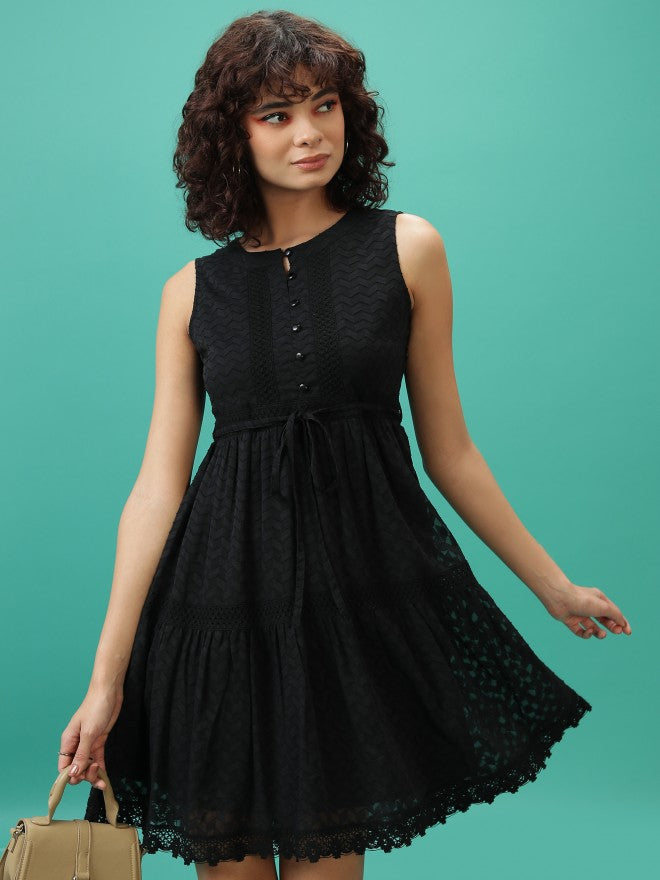 Tokyo Talkies Women Black Self Design Fit And Flare Dress - Black - Image 1