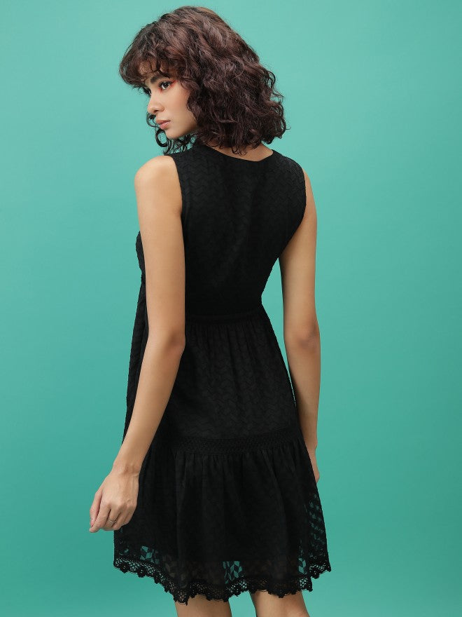 Tokyo Talkies Women Black Self Design Fit And Flare Dress - Black - Image 3