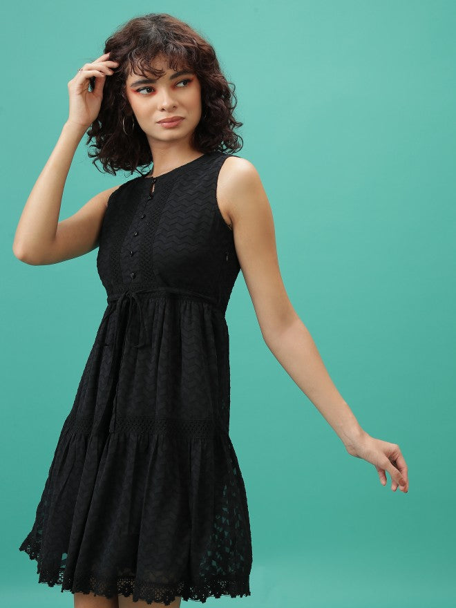 Tokyo Talkies Women Black Self Design Fit And Flare Dress - Black - Image 4