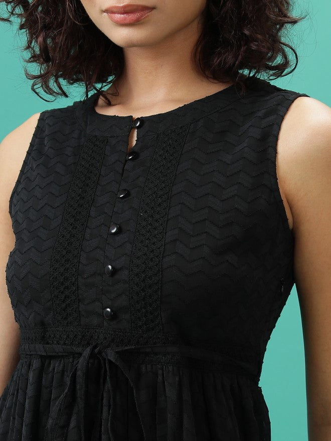 Tokyo Talkies Women Black Self Design Fit And Flare Dress - Black - Image 5