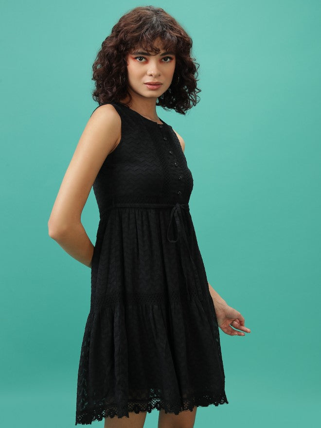 Tokyo Talkies Women Black Self Design Fit And Flare Dress - Black - Image 6