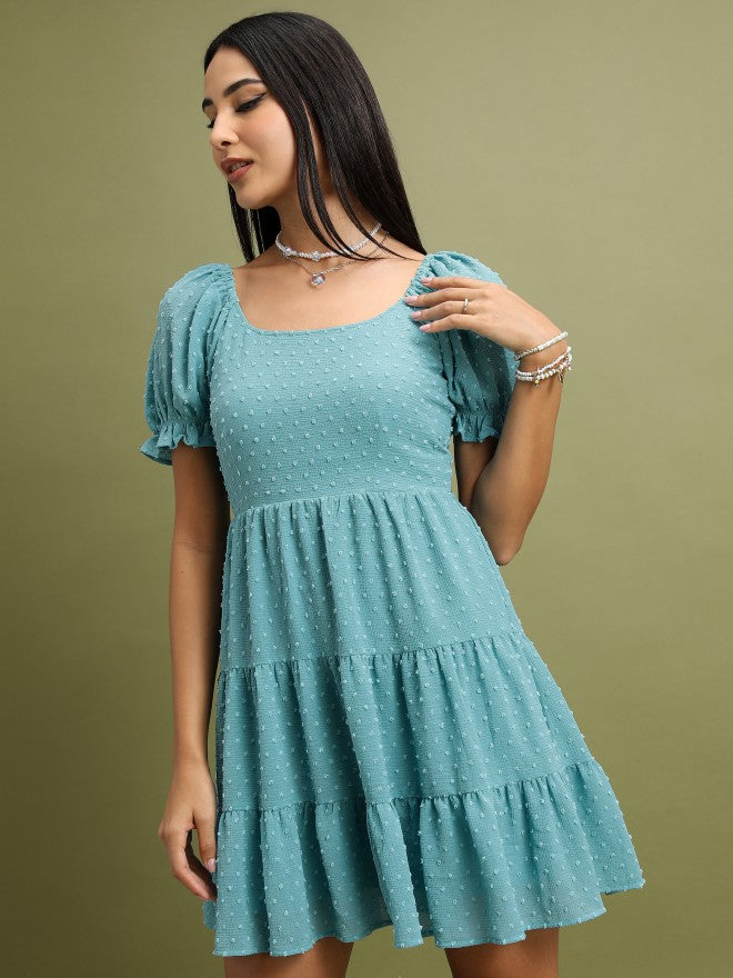 Tokyo Talkies Women Sea Green Self Design Fit And Flare Dress - Sage - Image 1