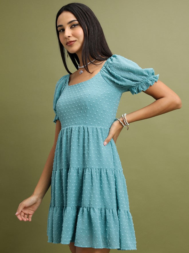 Tokyo Talkies Women Sea Green Self Design Fit And Flare Dress - Sage - Image 4