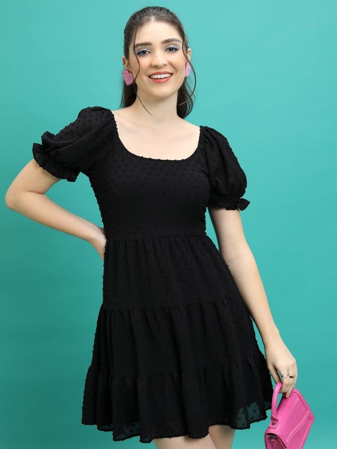 Tokyo Talkies Women Black Self Design Fit And Flare Dress - Black - Image 3