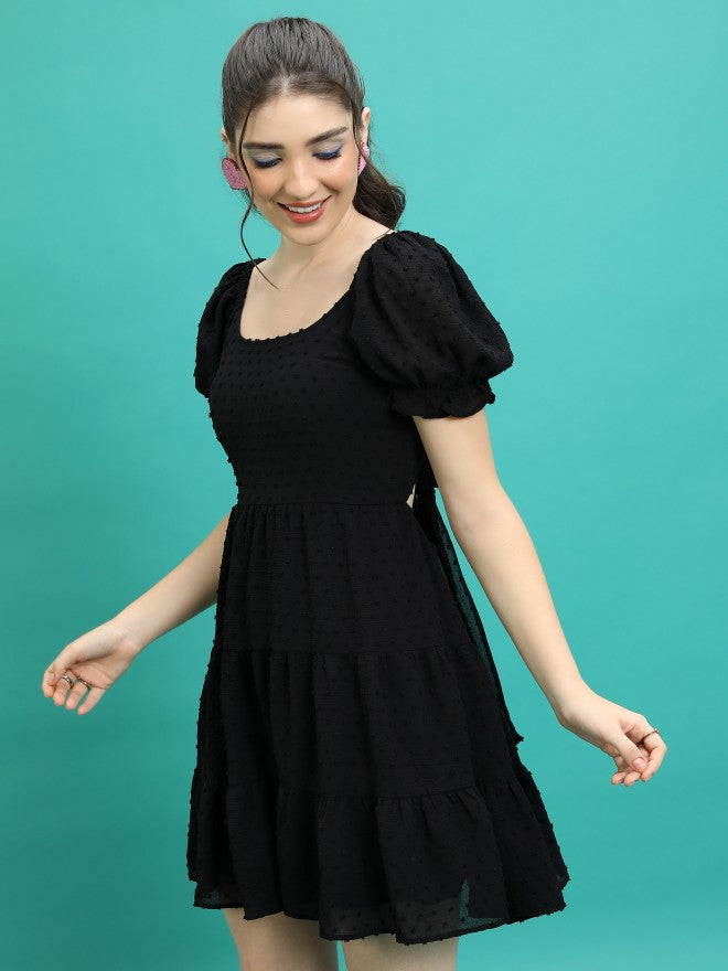 Tokyo Talkies Women Black Self Design Fit And Flare Dress - Black - Image 4