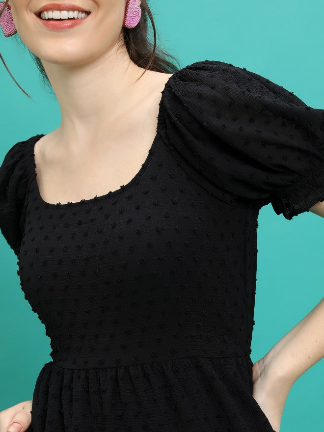 Tokyo Talkies Women Black Self Design Fit And Flare Dress - Black - Image 5
