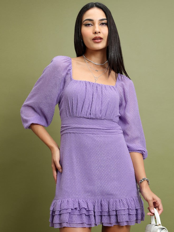 Tokyo Talkies Women Purple Self Design Fit And Flare Dress - Purple - Image 1