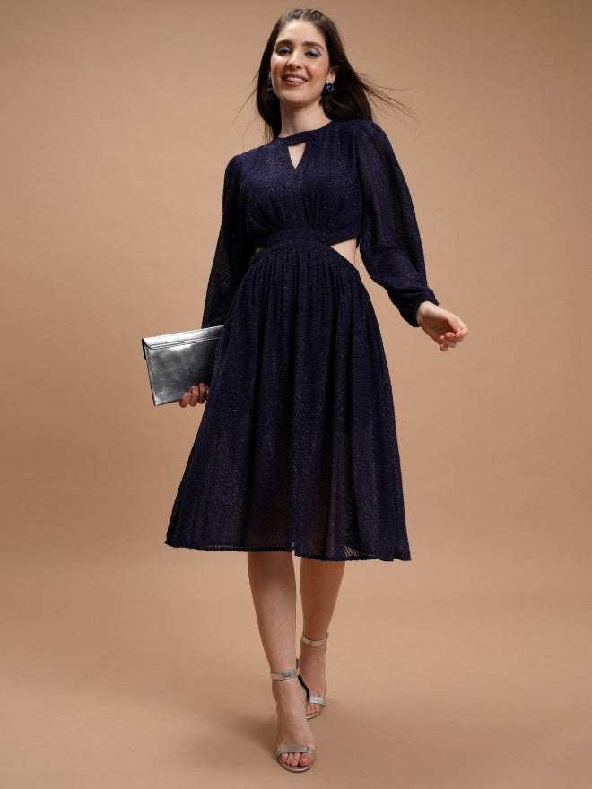 Tokyo Talkies Women Navy Blue Self Design Fit And Flare Dress - Navy Blue - Image 1