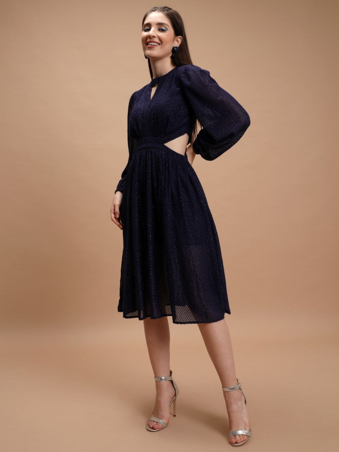Tokyo Talkies Women Navy Blue Self Design Fit And Flare Dress - Navy Blue - Image 2