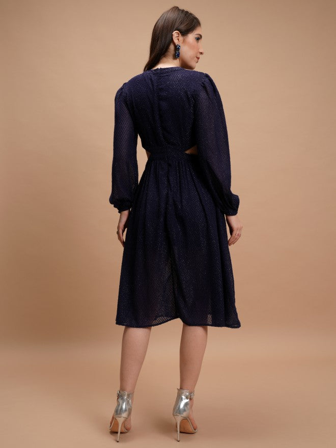 Tokyo Talkies Women Navy Blue Self Design Fit And Flare Dress - Navy Blue - Image 3