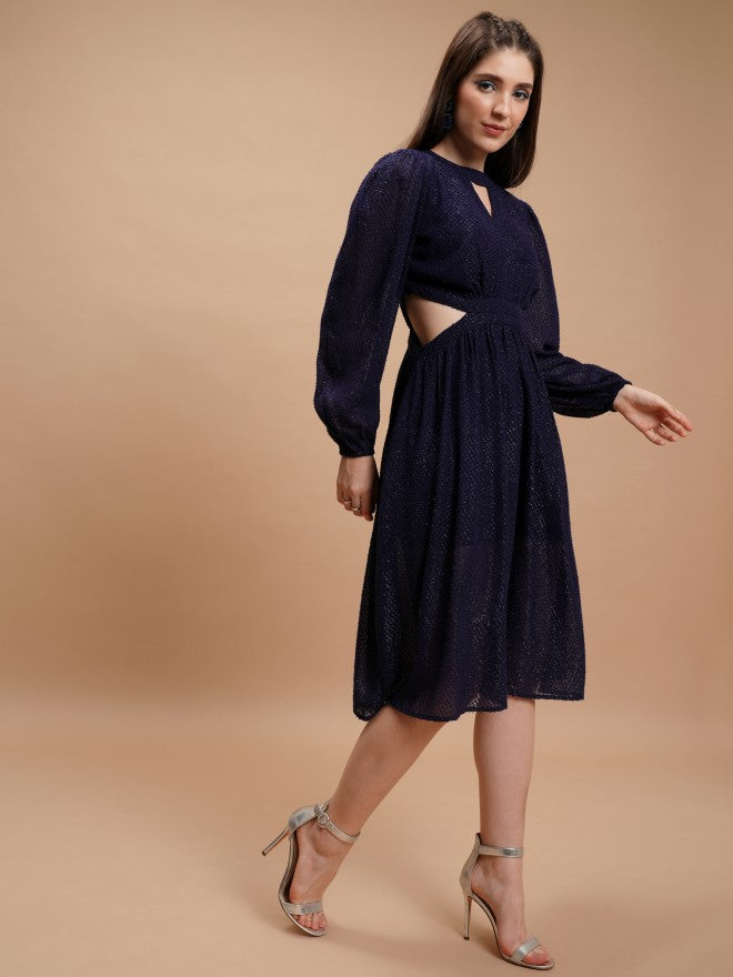 Tokyo Talkies Women Navy Blue Self Design Fit And Flare Dress - Navy Blue - Image 4