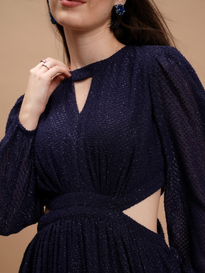 Tokyo Talkies Women Navy Blue Self Design Fit And Flare Dress - Navy Blue - Image 5