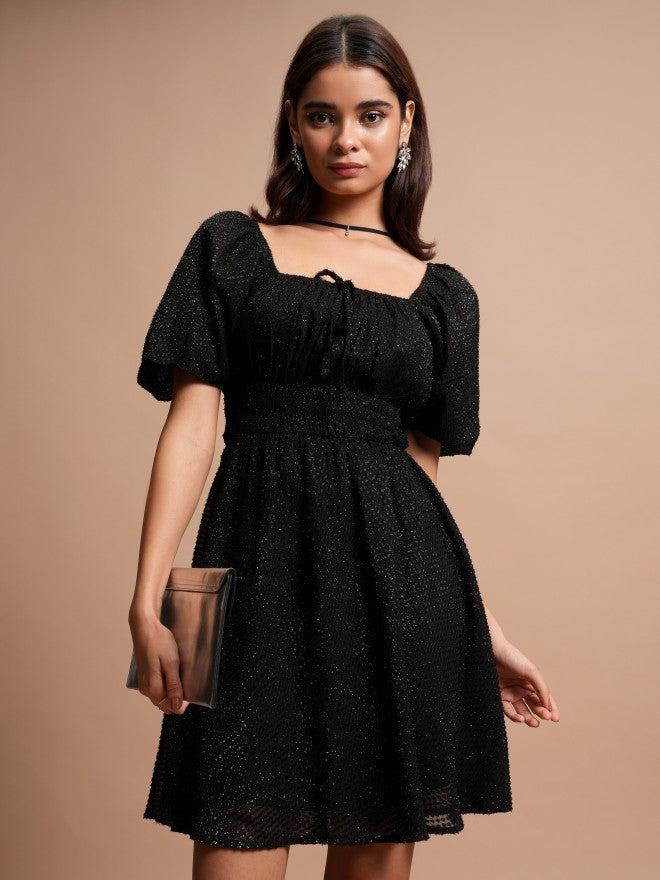 Tokyo Talkies Women Black Self Design A-Line Dress - Black - Image 1