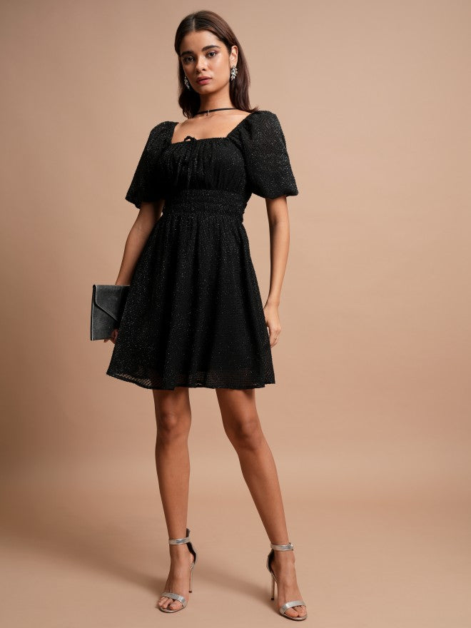 Tokyo Talkies Women Black Self Design A-Line Dress - Black - Image 2