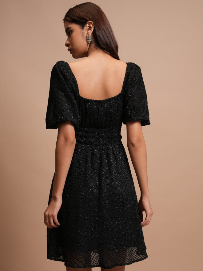 Tokyo Talkies Women Black Self Design A-Line Dress - Black - Image 3