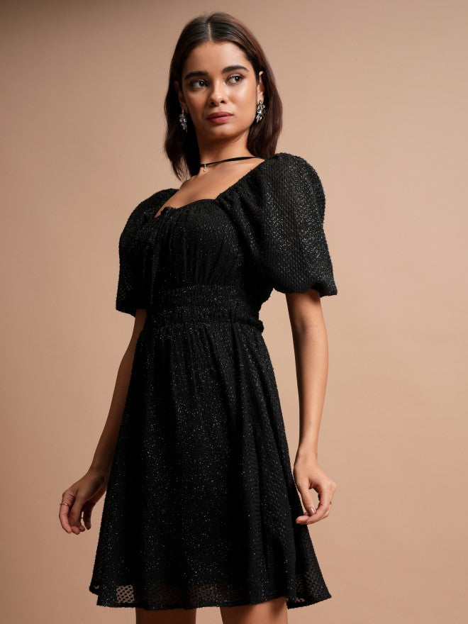 Tokyo Talkies Women Black Self Design A-Line Dress - Black - Image 4
