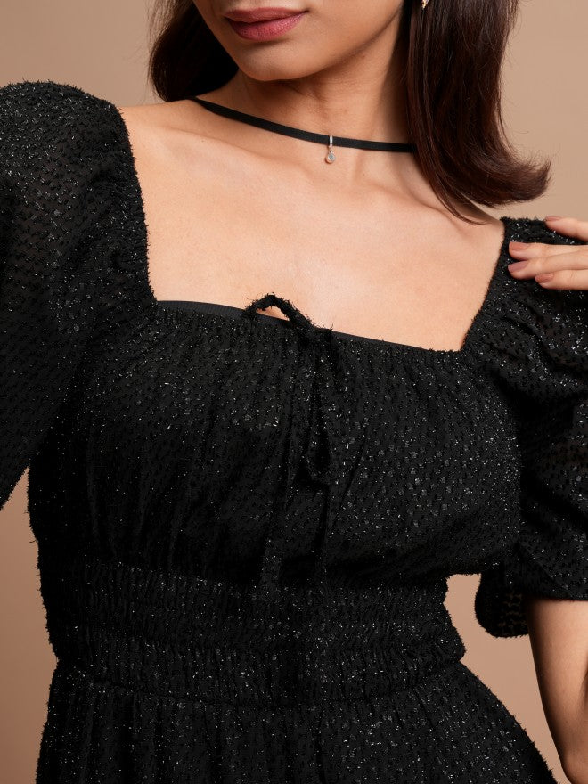 Tokyo Talkies Women Black Self Design A-Line Dress - Black - Image 5