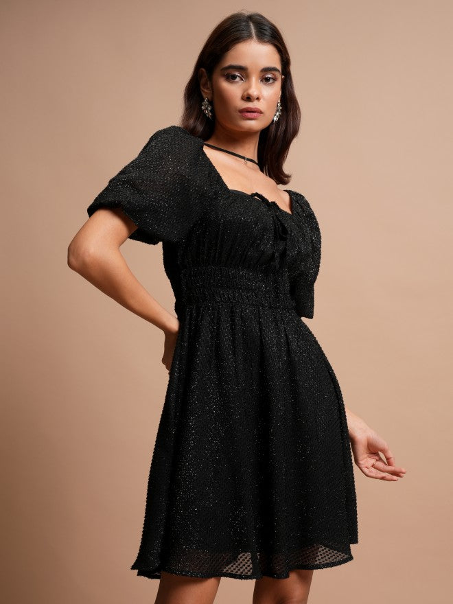 Tokyo Talkies Women Black Self Design A-Line Dress - Black - Image 6