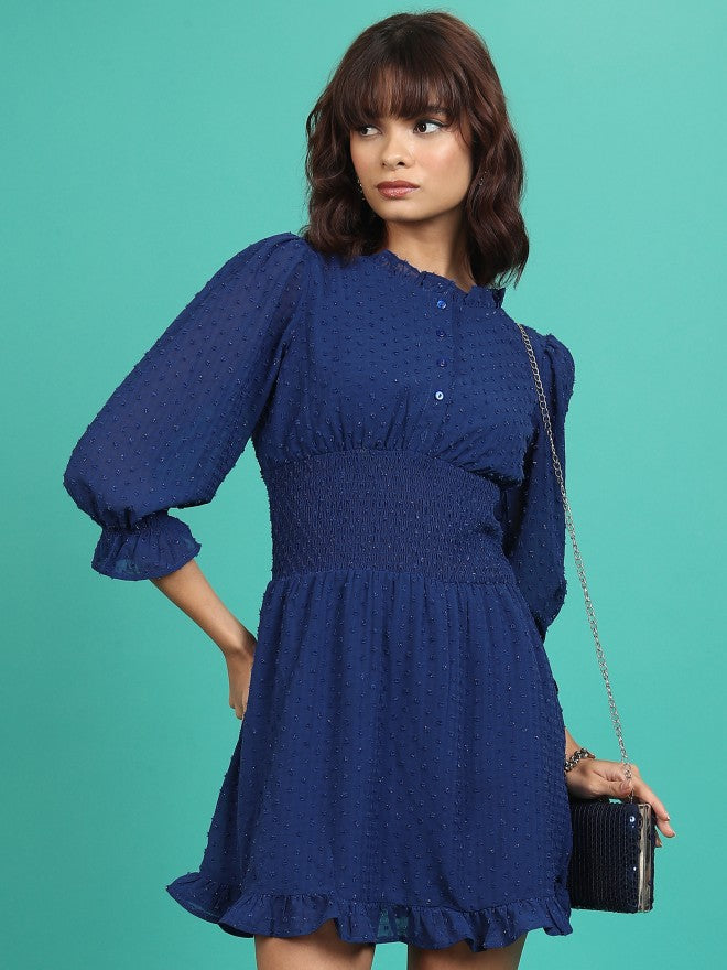 Tokyo Talkies Women Navy Self Design Fit & Flare Dress - Navy Blue - Image 1