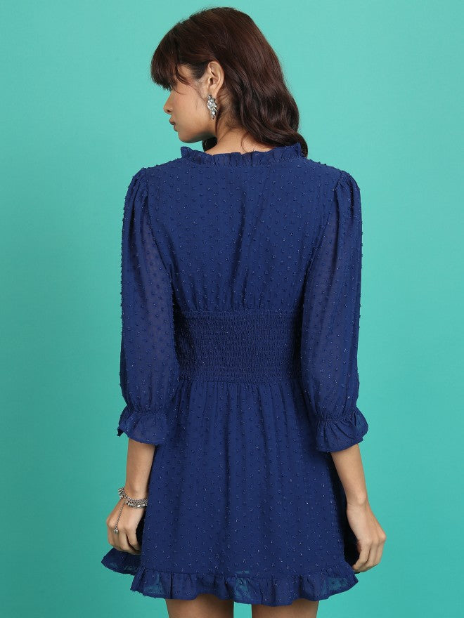 Tokyo Talkies Women Navy Self Design Fit & Flare Dress - Navy Blue - Image 3