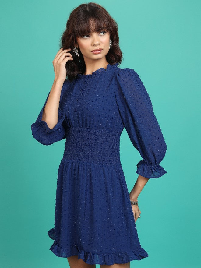Tokyo Talkies Women Navy Self Design Fit & Flare Dress - Navy Blue - Image 4