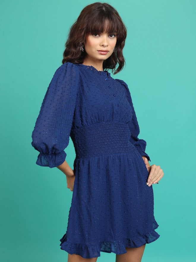 Tokyo Talkies Women Navy Self Design Fit & Flare Dress - Navy Blue - Image 6