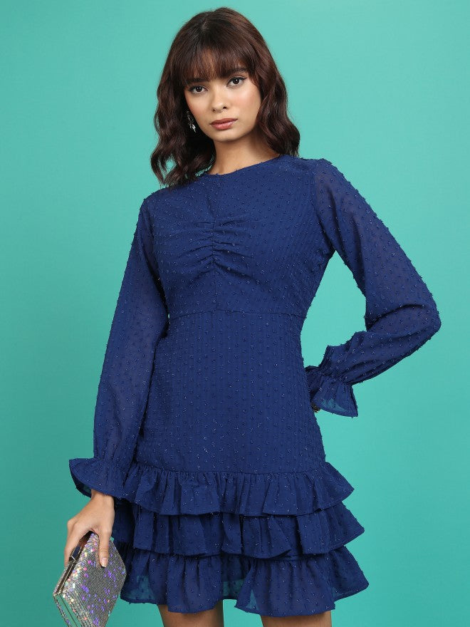 Tokyo Talkies Women Navy Self Design Fit & Flare Dress - Navy Blue - Image 1