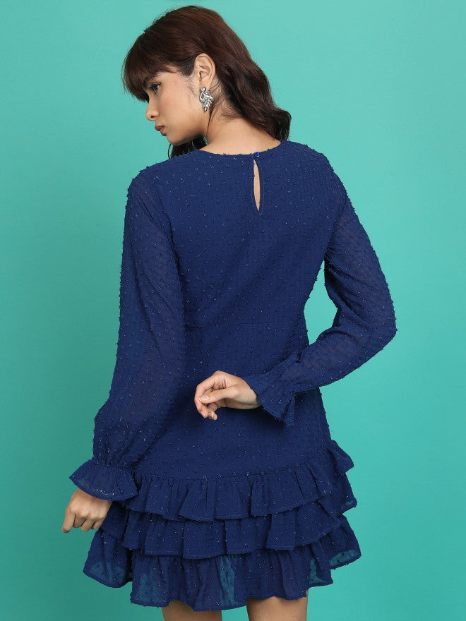 Tokyo Talkies Women Navy Self Design Fit & Flare Dress - Navy Blue - Image 3