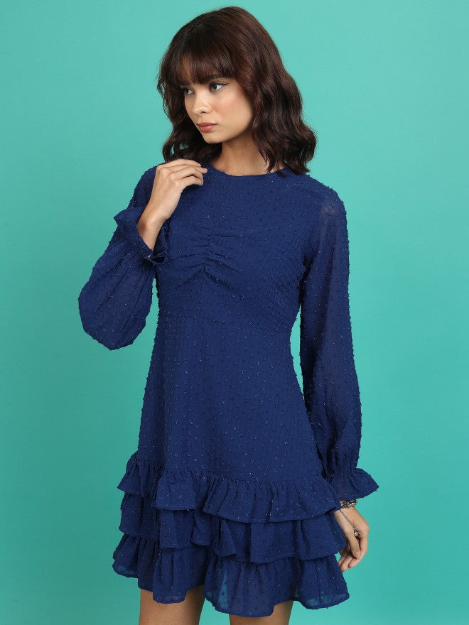 Tokyo Talkies Women Navy Self Design Fit & Flare Dress - Navy Blue - Image 4