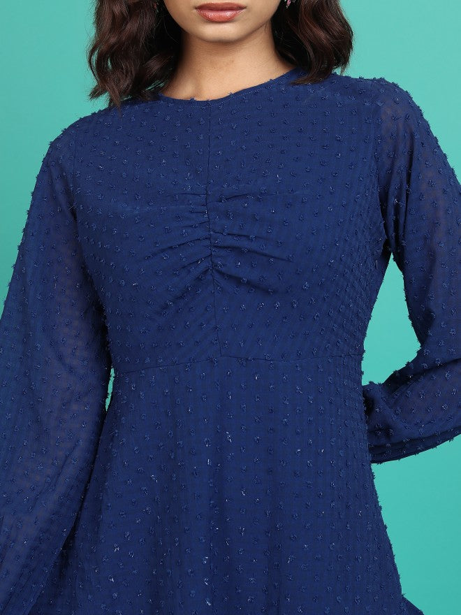 Tokyo Talkies Women Navy Self Design Fit & Flare Dress - Navy Blue - Image 5