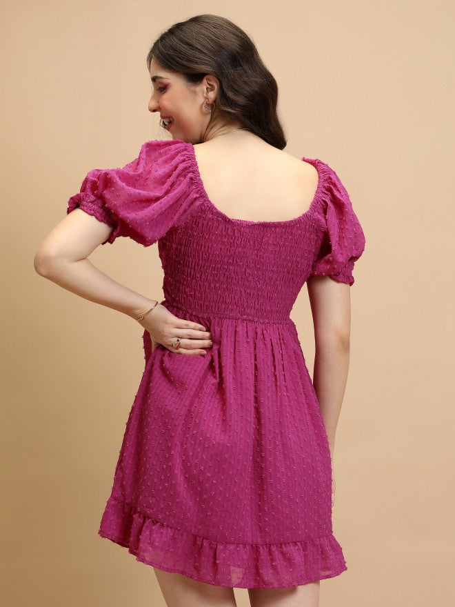 Tokyo Talkies Women Magenta Self Design Fit And Flare Dress - Magenta - Image 3