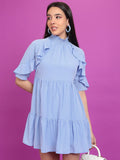 Tokyo Talkies Women Blue Self Design A-Line Dress - Blue - Image 1