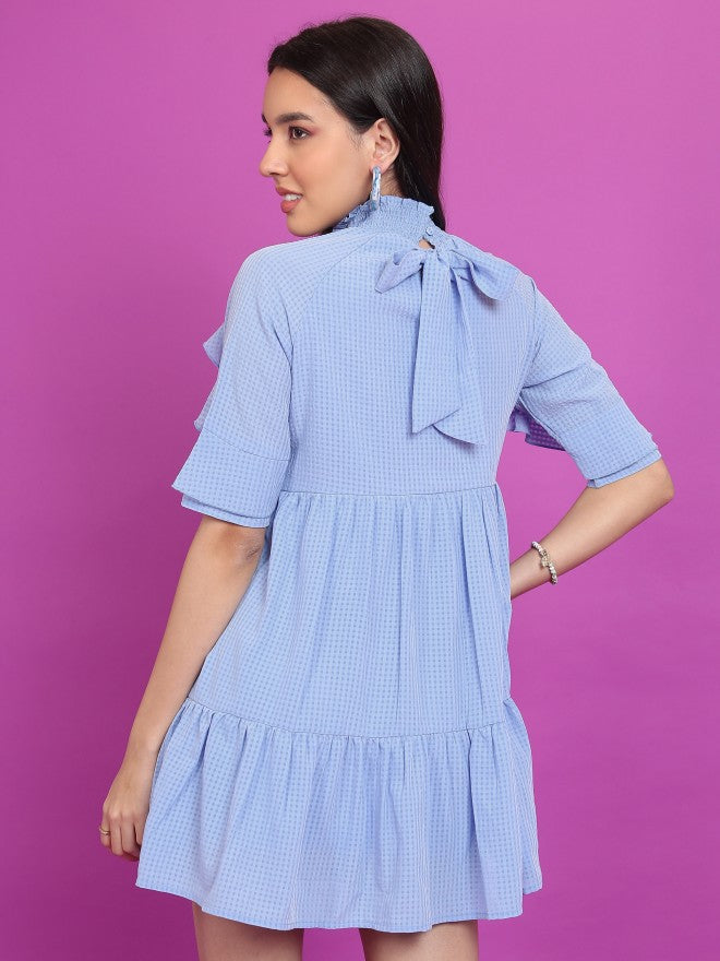 Tokyo Talkies Women Blue Self Design A-Line Dress - Blue - Image 3