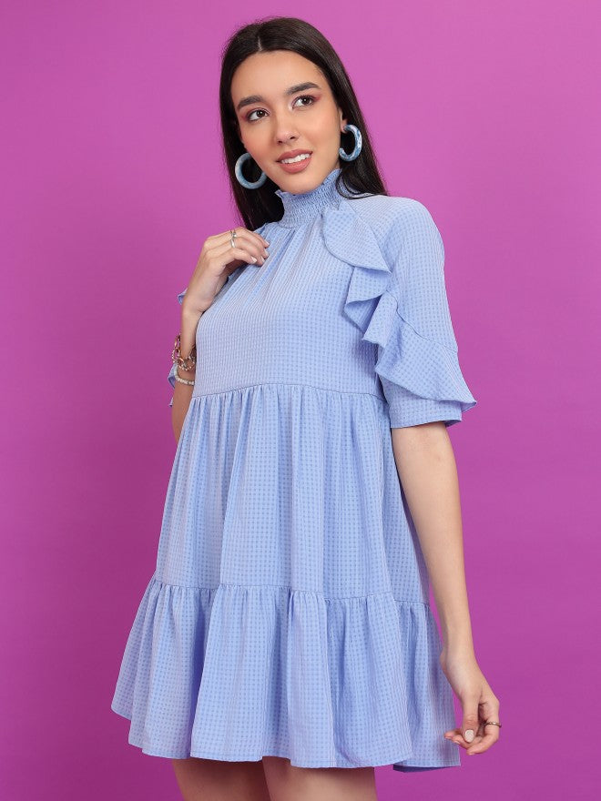 Tokyo Talkies Women Blue Self Design A-Line Dress - Blue - Image 4