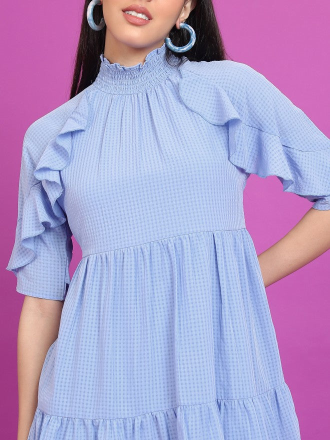 Tokyo Talkies Women Blue Self Design A-Line Dress - Blue - Image 5
