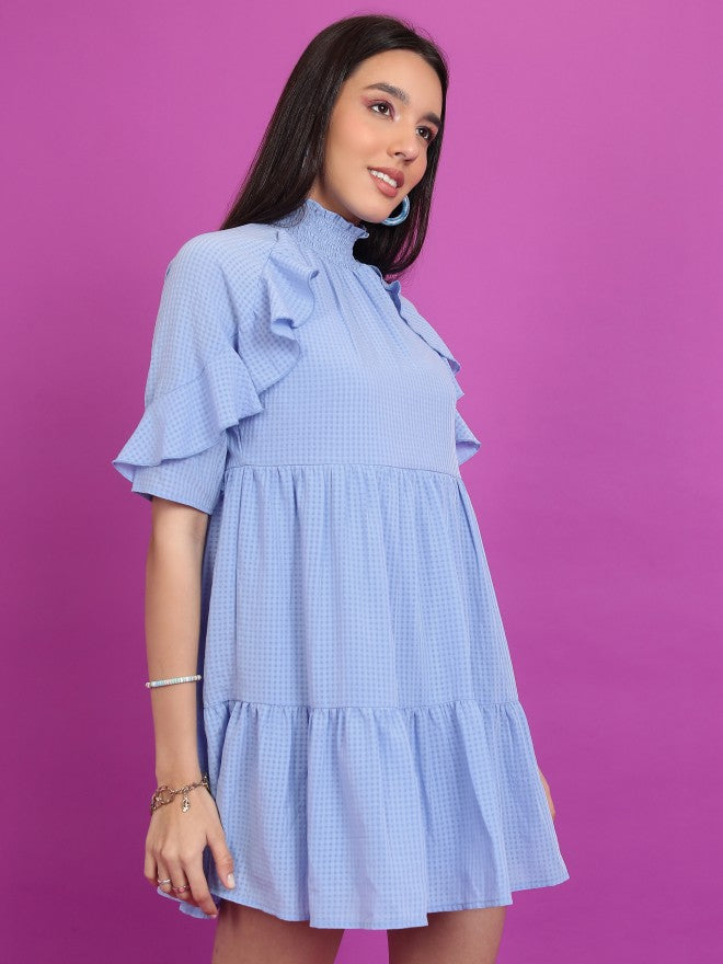 Tokyo Talkies Women Blue Self Design A-Line Dress - Blue - Image 6