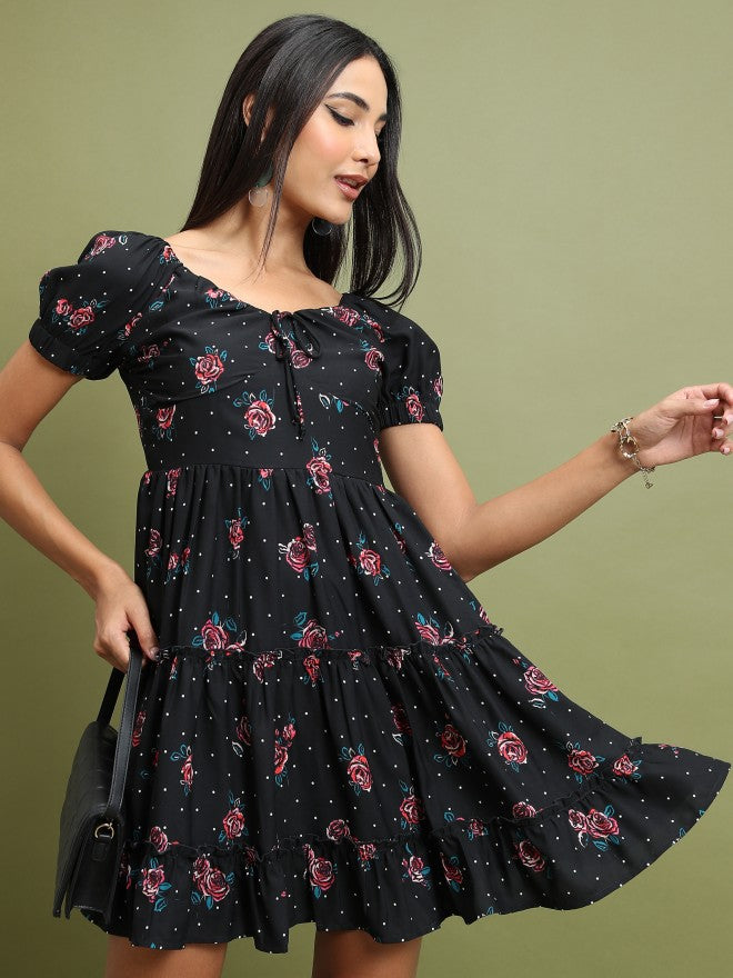 Tokyo Talkies Women Black Printed Fit & Flare Dress - Black - Image 1
