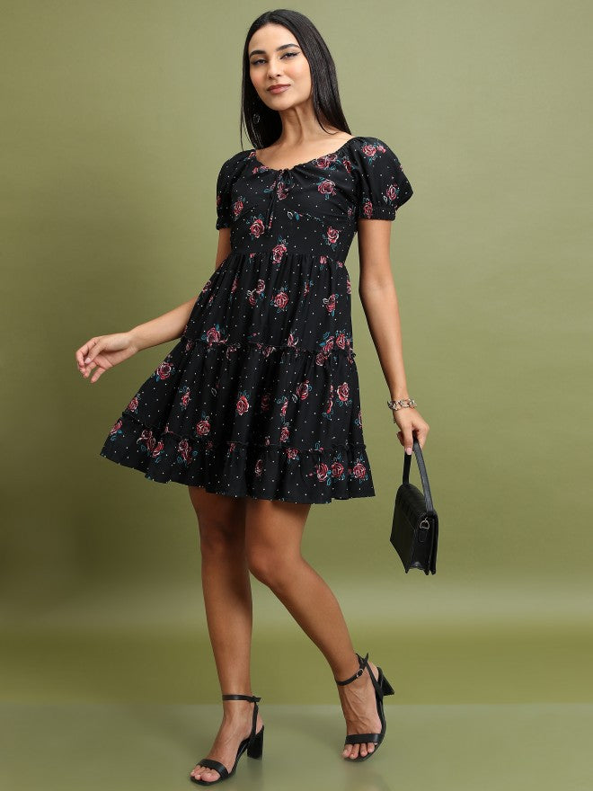 Tokyo Talkies Women Black Printed Fit & Flare Dress - Black - Image 2