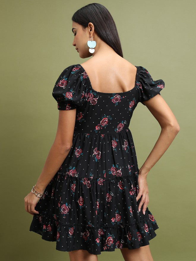 Tokyo Talkies Women Black Printed Fit & Flare Dress - Black - Image 3