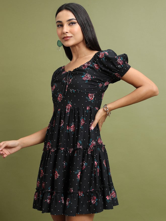 Tokyo Talkies Women Black Printed Fit & Flare Dress - Black - Image 4