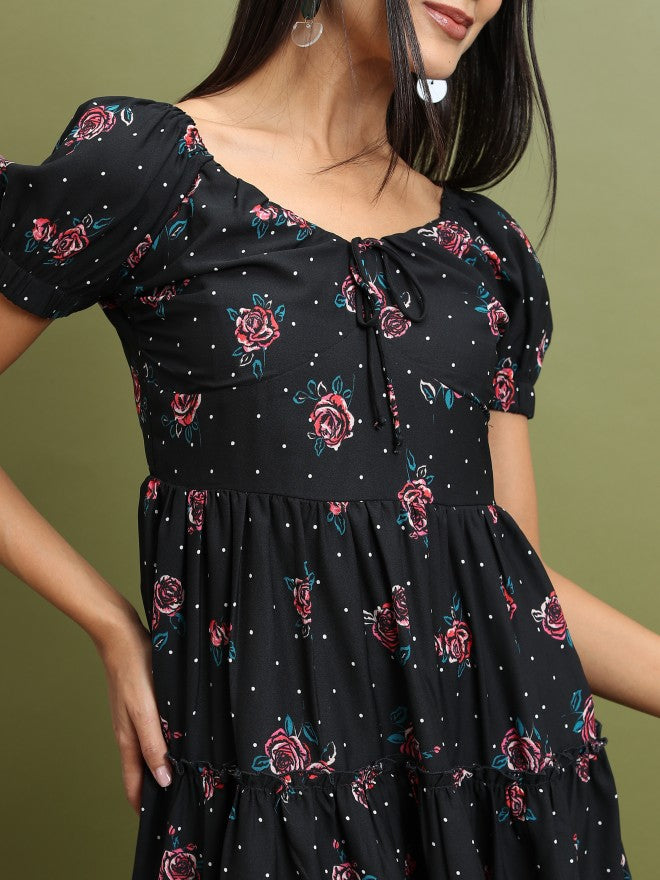 Tokyo Talkies Women Black Printed Fit & Flare Dress - Black - Image 5