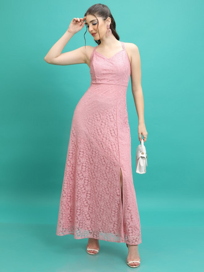 Tokyo Talkies Women Pink Self Design Maxi Dress - Pink - Image 1