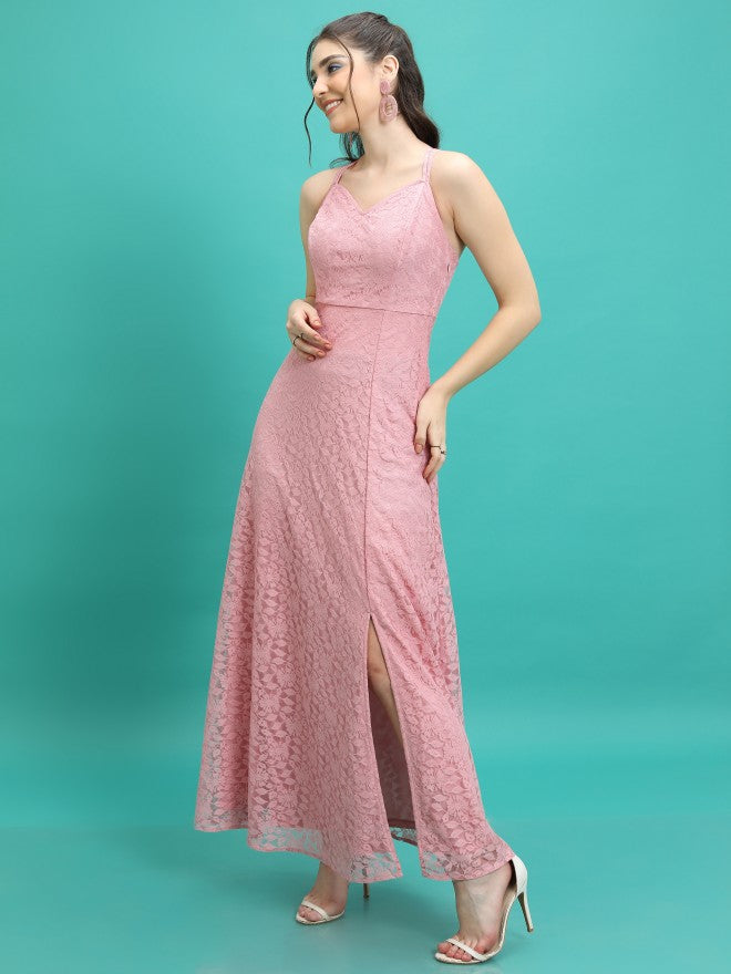 Tokyo Talkies Women Pink Self Design Maxi Dress - Pink - Image 2
