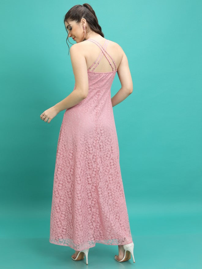 Tokyo Talkies Women Pink Self Design Maxi Dress - Pink - Image 3