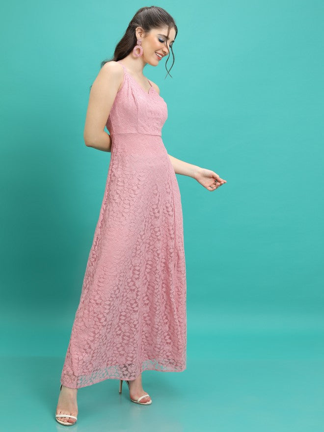 Tokyo Talkies Women Pink Self Design Maxi Dress - Pink - Image 4