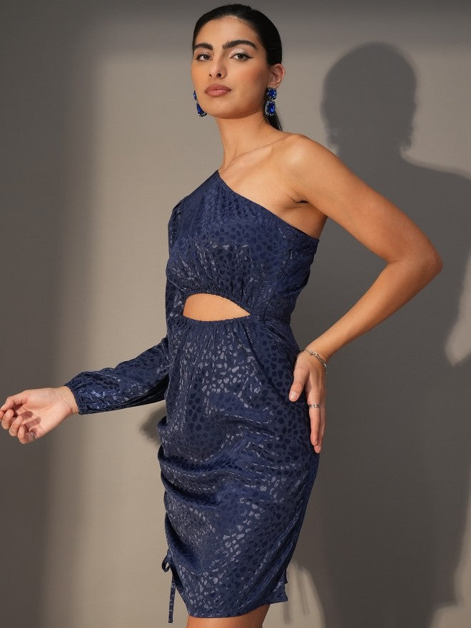 Tokyo Talkies Women Navy Blue Self Design Fit And Flare Dress - Navy Blue - Image 4