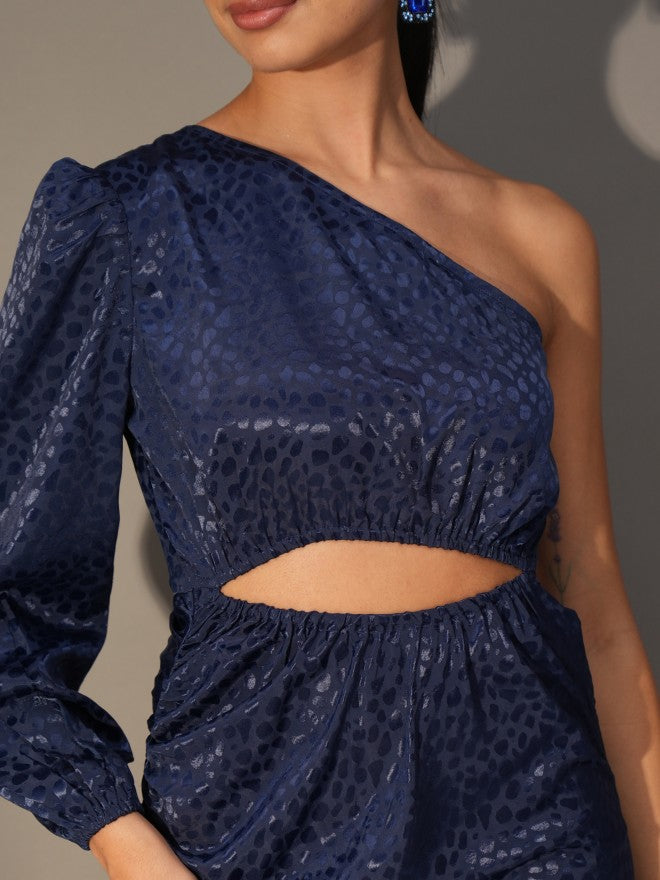 Tokyo Talkies Women Navy Blue Self Design Fit And Flare Dress - Navy Blue - Image 5