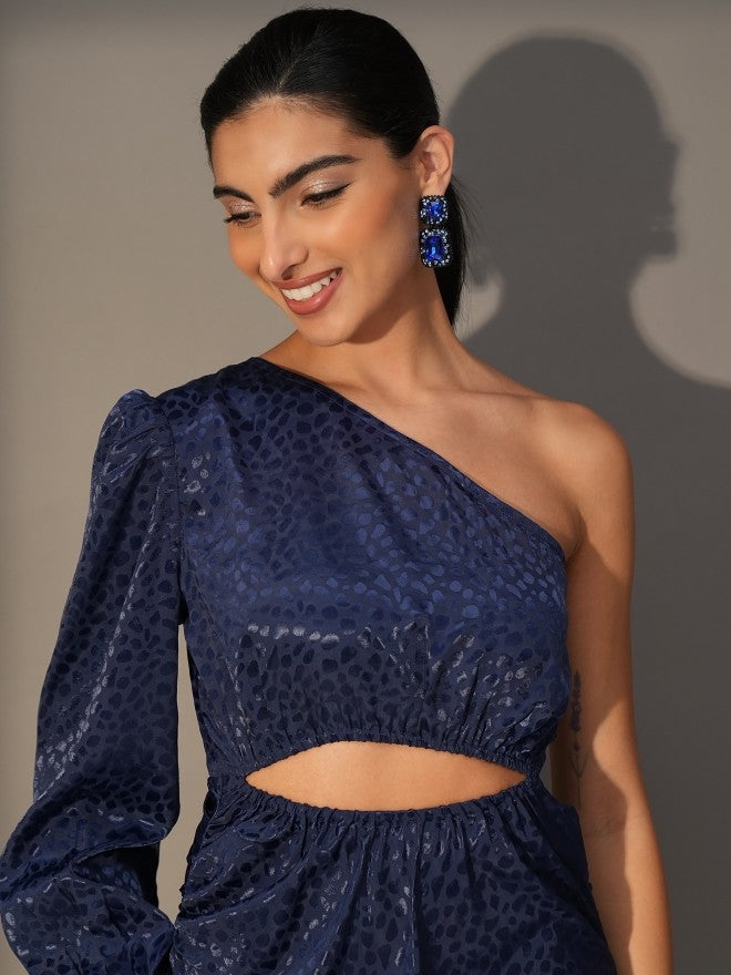 Tokyo Talkies Women Navy Blue Self Design Fit And Flare Dress - Navy Blue - Image 7