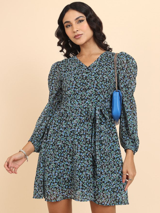 Tokyo Talkies Women Green Printed Fit And Flare Dress - Green - Image 1