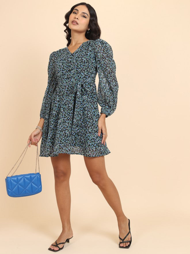 Tokyo Talkies Women Green Printed Fit And Flare Dress - Green - Image 2